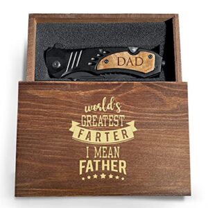 folding pocket knife w/laser engraved wooden handle and gift box, folding pocket hunting kinife for dad, knife for fathers day