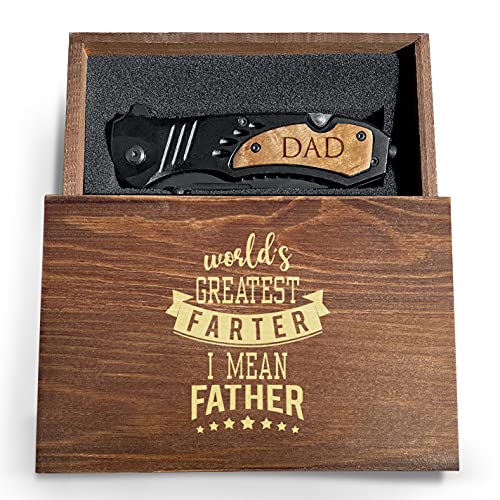 Folding Pocket Knife w/Laser Engraved Wooden Handle and Gift Box, Folding Pocket Hunting Kinife for Dad, Knife for Fathers Day