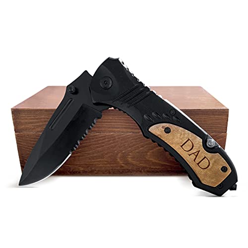 Folding Pocket Knife w/Laser Engraved Wooden Handle and Gift Box, Folding Pocket Hunting Kinife for Dad, Knife for Fathers Day