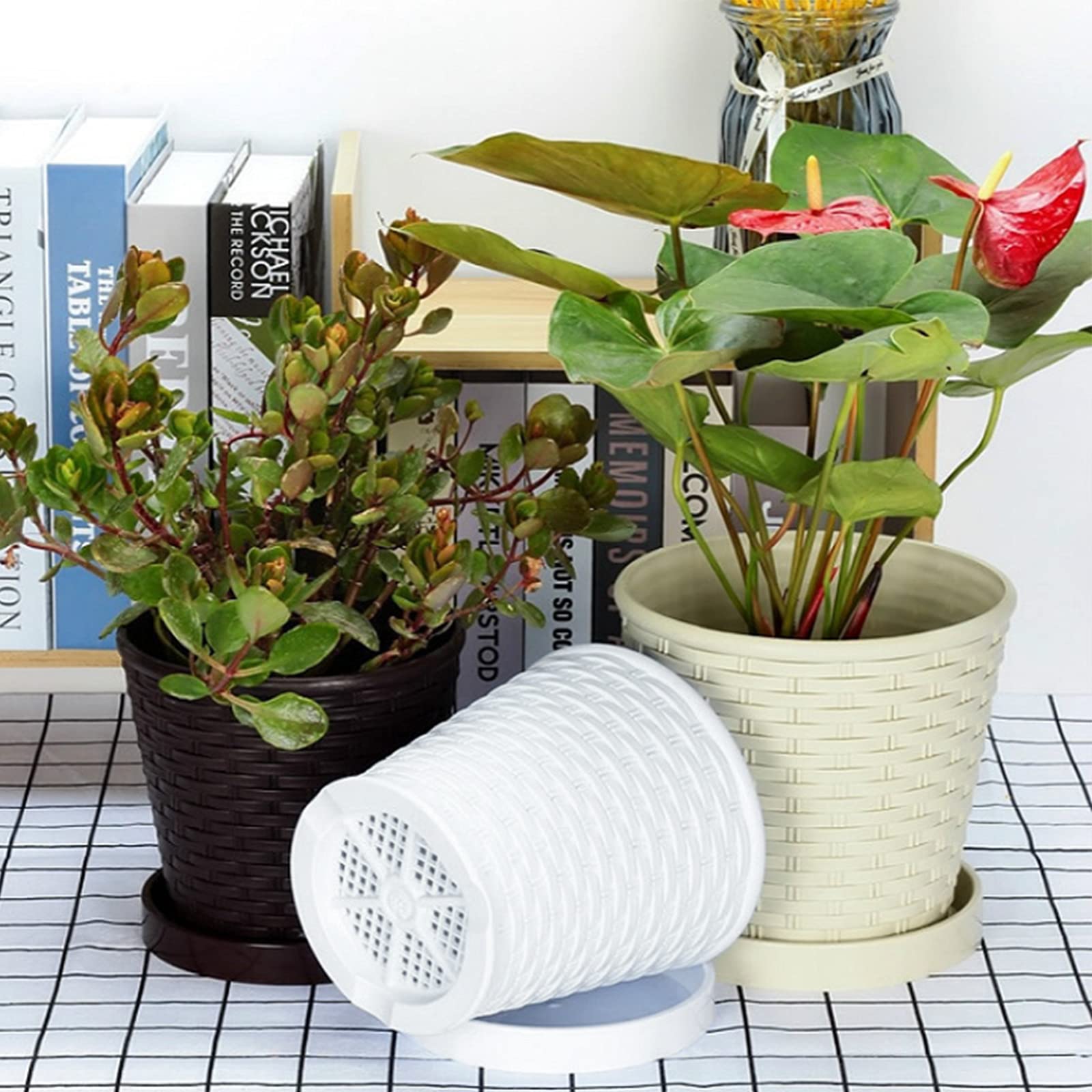 QLINDGK Bamboo Woven Plant Pot, Plastic Plant Pots with Drainage and Saucer Nursery Seedling Planter Garden Flower Pot Container for Indoor Outdoor Bonsai Plants