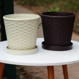 QLINDGK Bamboo Woven Plant Pot, Plastic Plant Pots with Drainage and Saucer Nursery Seedling Planter Garden Flower Pot Container for Indoor Outdoor Bonsai Plants