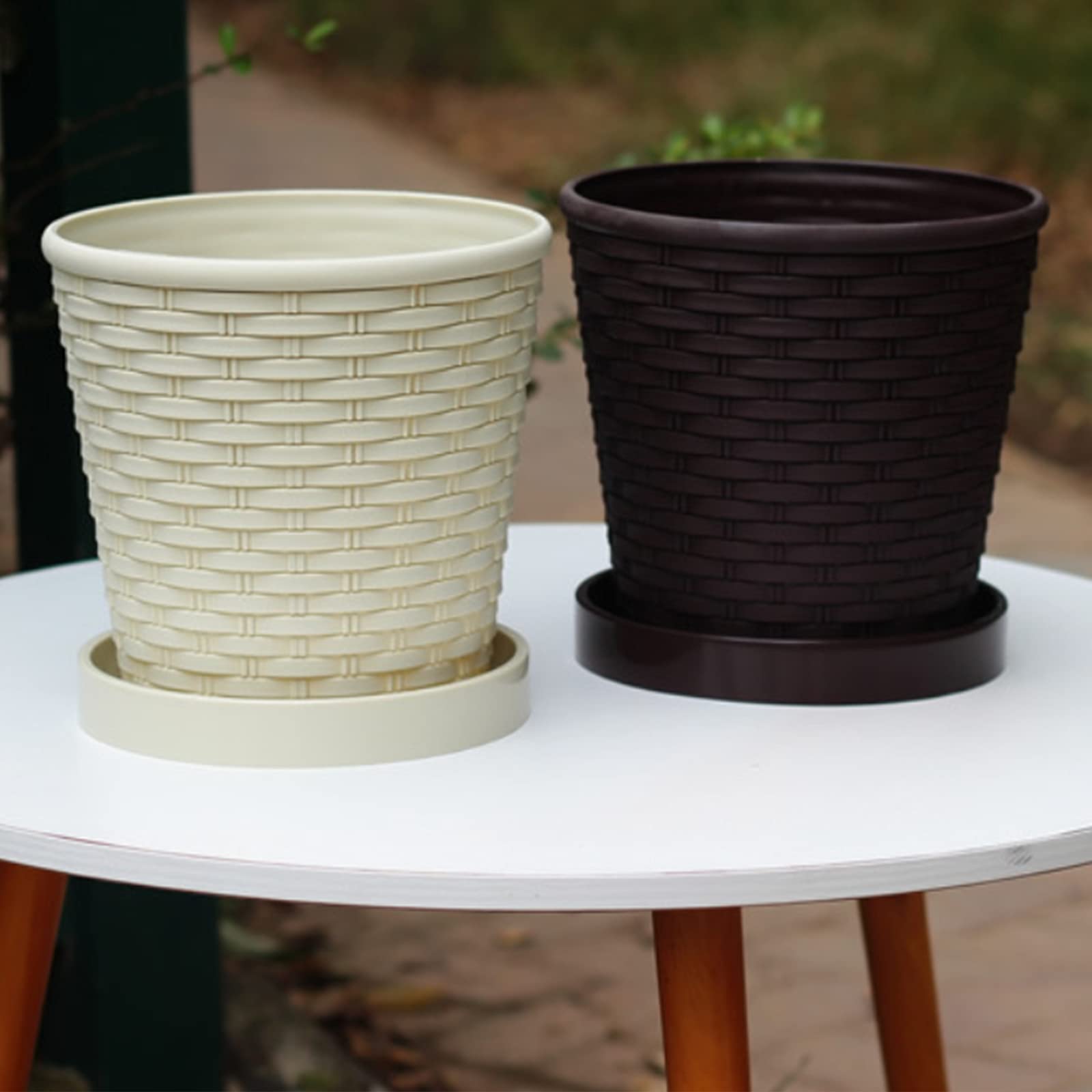 QLINDGK Bamboo Woven Plant Pot, Plastic Plant Pots with Drainage and Saucer Nursery Seedling Planter Garden Flower Pot Container for Indoor Outdoor Bonsai Plants