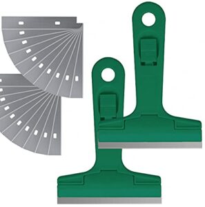 2pack 5.5 inches industry glass scraper scraping hand tool, t shape razor blade scraper with 20x blades, steel scraping knife for window stove windshield aquarium tile floor wall cleaning (green)