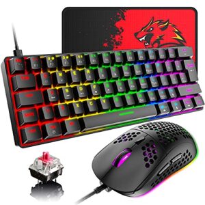 60% wired mechanical gaming keyboard and mouse combo,ultra-compact mini 62 keys,type c chroma 20 rainbow backlit effects,rgb backlit 6400 dpi lightweight gaming mouse with honeycomb shell for pc/mac