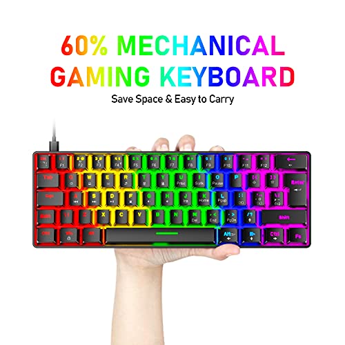 60% Wired Mechanical Gaming Keyboard and Mouse Combo,Ultra-Compact Mini 62 Keys,Type C Chroma 20 Rainbow Backlit Effects,RGB Backlit 6400 DPI Lightweight Gaming Mouse with Honeycomb Shell for PC/Mac