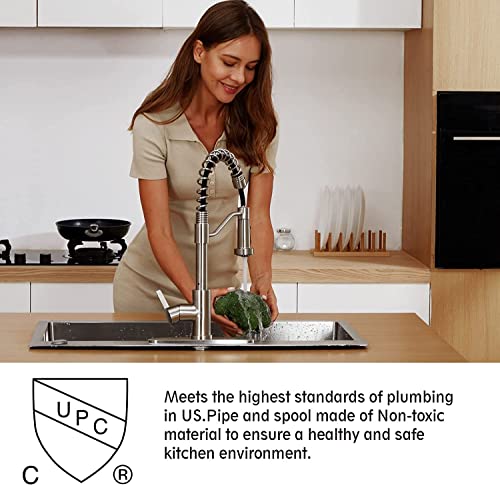 GUUKAR Kitchen Faucet with Pull Down Sprayer Commercial Spring Farmhouse Single Handle Kitchen Sink Faucet with Deck Plate, Brushed Nickel