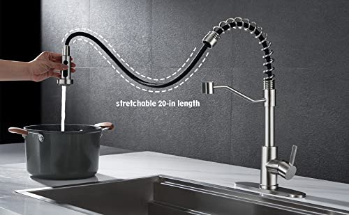 GUUKAR Kitchen Faucet with Pull Down Sprayer Commercial Spring Farmhouse Single Handle Kitchen Sink Faucet with Deck Plate, Brushed Nickel