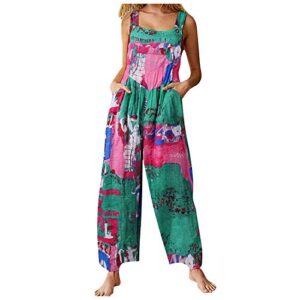 women's summer patchwork vintage printed wide leg long pants jumpsuit with pockets(green, m)