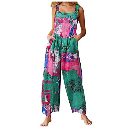 Women's Summer Patchwork Vintage Printed Wide Leg Long Pants Jumpsuit with Pockets(Green, M)