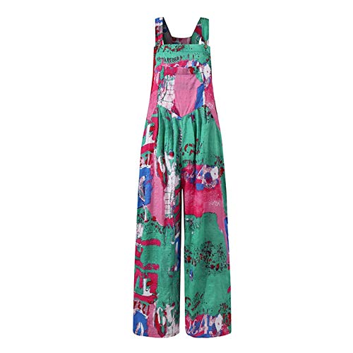 Women's Summer Patchwork Vintage Printed Wide Leg Long Pants Jumpsuit with Pockets(Green, M)