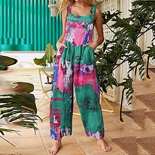 Women's Summer Patchwork Vintage Printed Wide Leg Long Pants Jumpsuit with Pockets(Green, M)