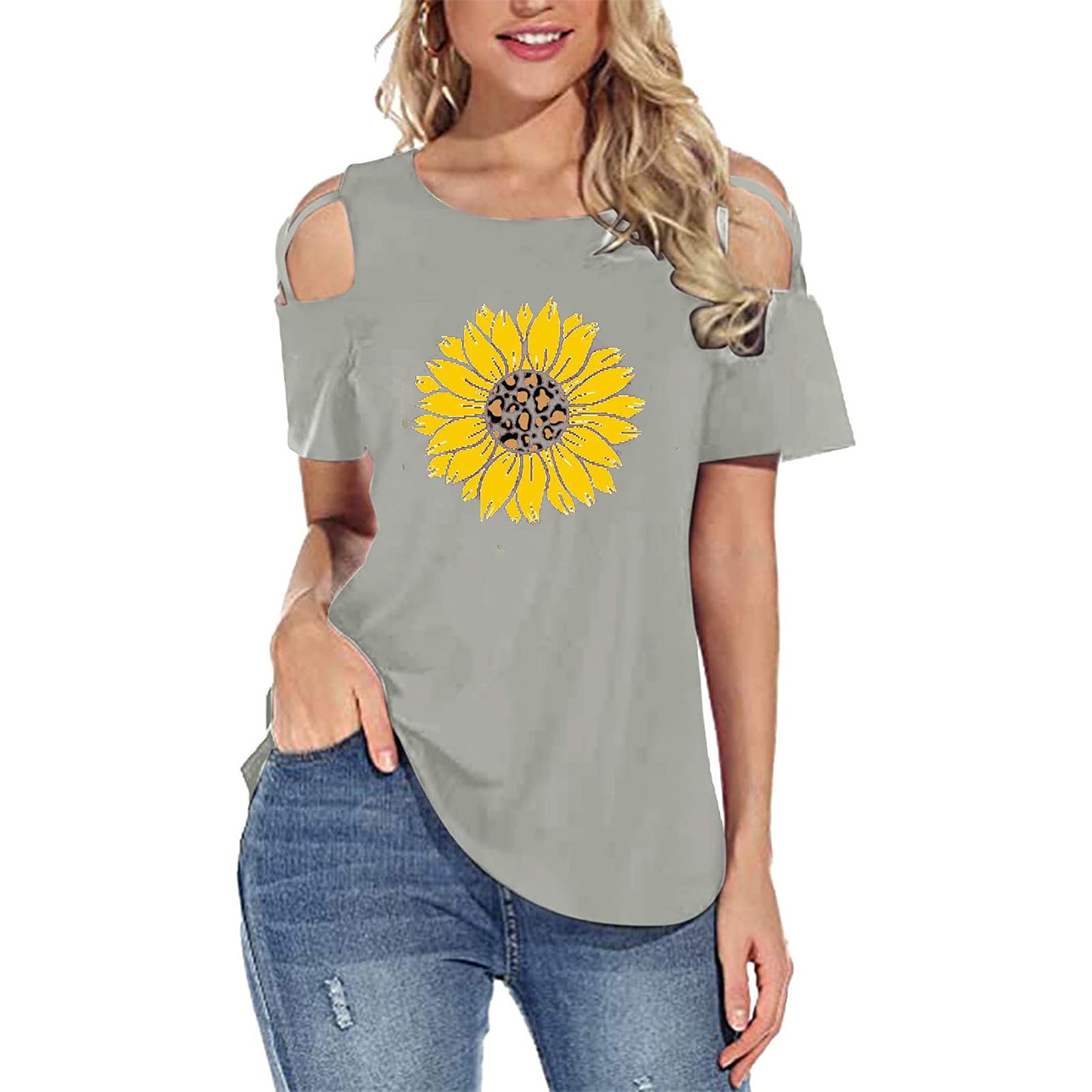 wodceeke Women tops Sunflower Print T-Shirt Off-Shoulder Short-Sleeved Blouse Summer Casual Loose Tee Tops (Gray, L)