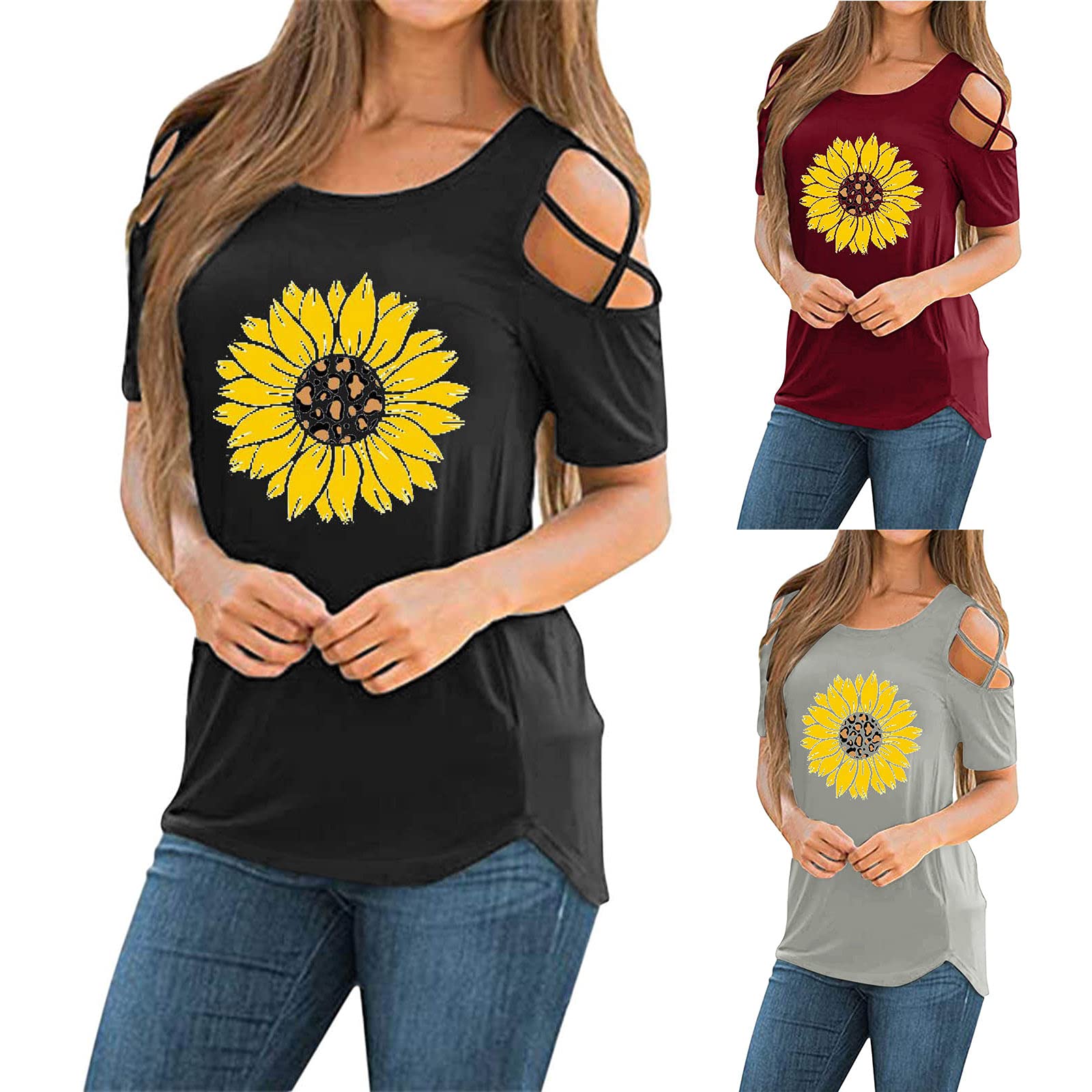 wodceeke Women tops Sunflower Print T-Shirt Off-Shoulder Short-Sleeved Blouse Summer Casual Loose Tee Tops (Gray, L)