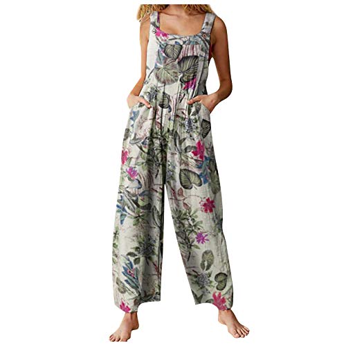 Sdeycui Women's Landscape Floral Printed High Waist Loose Romper Jumpsuit with Pocket(White, M)