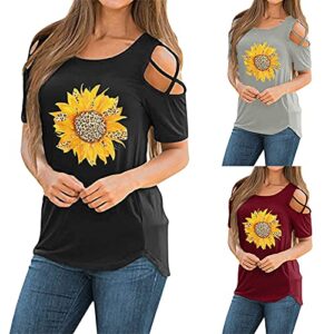 wodceeke Womens Sunflower Print T-Shirt Off-Shoulder Short-Sleeved Blouse Summer Casual Loose Tee Tops (Black, L)