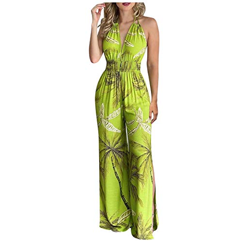 Women's Sexy Deep V-Neck Halter Wide Leg Jumpsuit Backless Floral Print High Waist Romper Pants(Green, S)