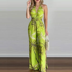 Women's Sexy Deep V-Neck Halter Wide Leg Jumpsuit Backless Floral Print High Waist Romper Pants(Green, S)