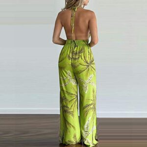 Women's Sexy Deep V-Neck Halter Wide Leg Jumpsuit Backless Floral Print High Waist Romper Pants(Green, S)