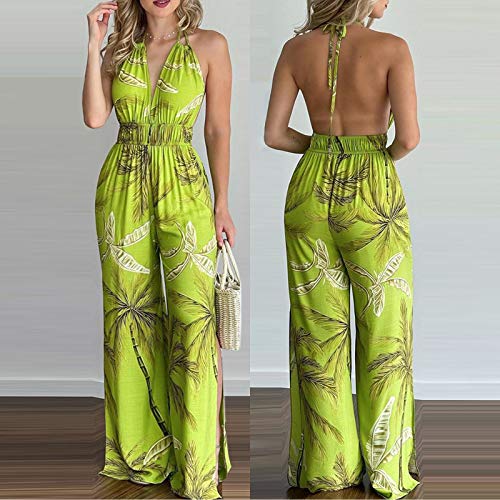 Women's Sexy Deep V-Neck Halter Wide Leg Jumpsuit Backless Floral Print High Waist Romper Pants(Green, S)