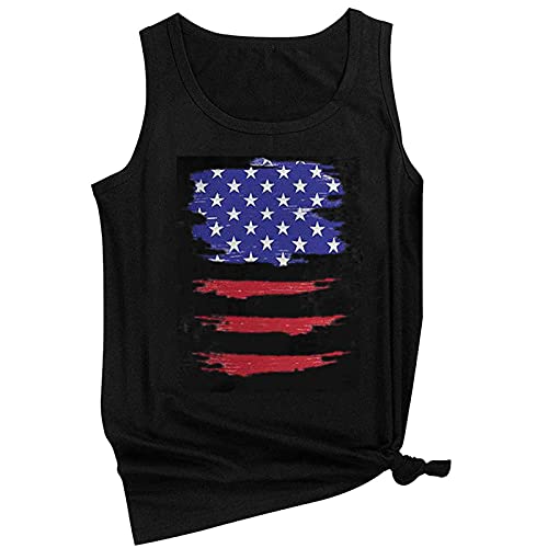 wodceeke American Flag Print Tank Tops For Women Sleeveless Loose T-shirt Independence Day Blouse Tops (Black, S)