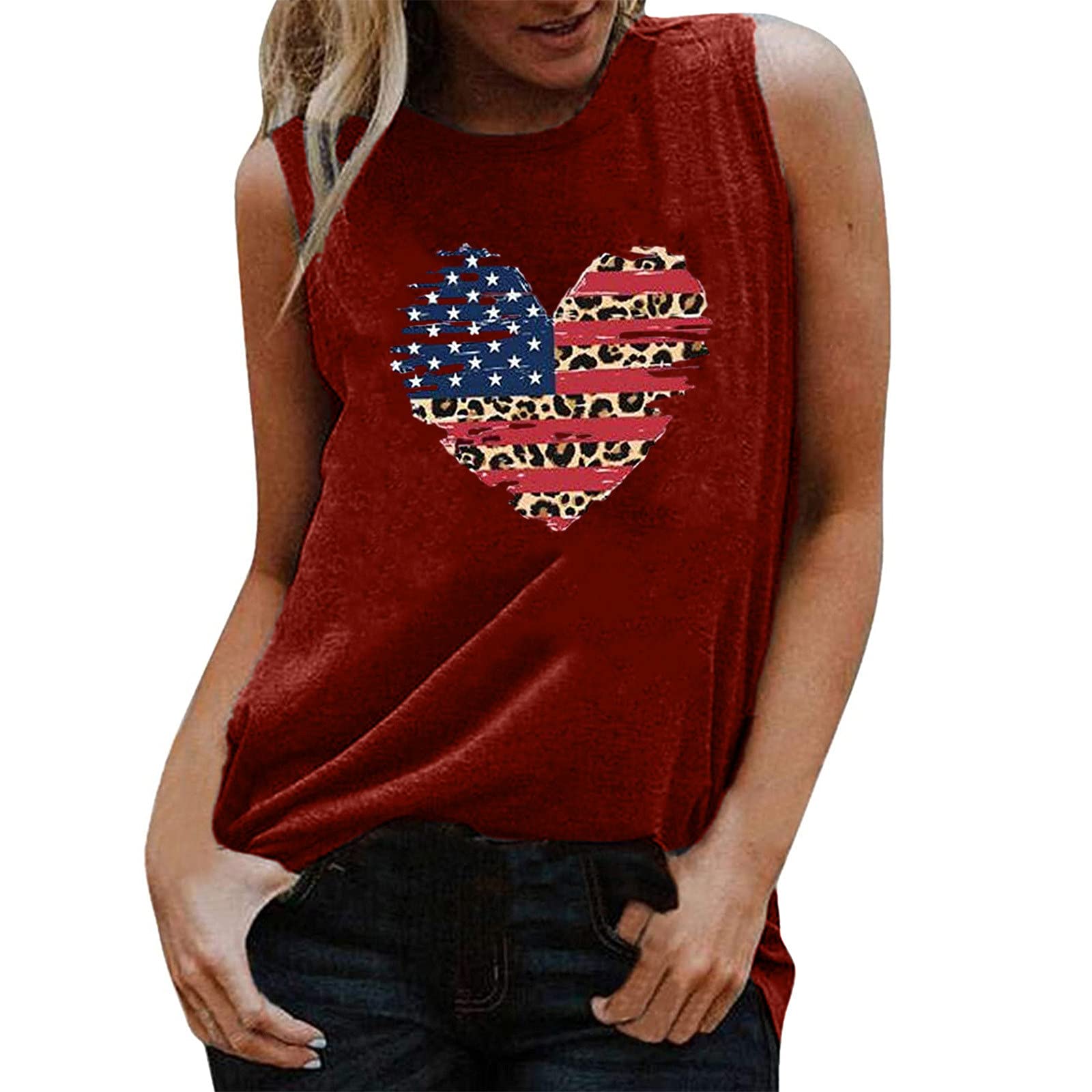 wodceeke Women American Flag Print Tank Tops Sleeveless Loose T-shirt Independence Day Blouse Tops (Wine, M)