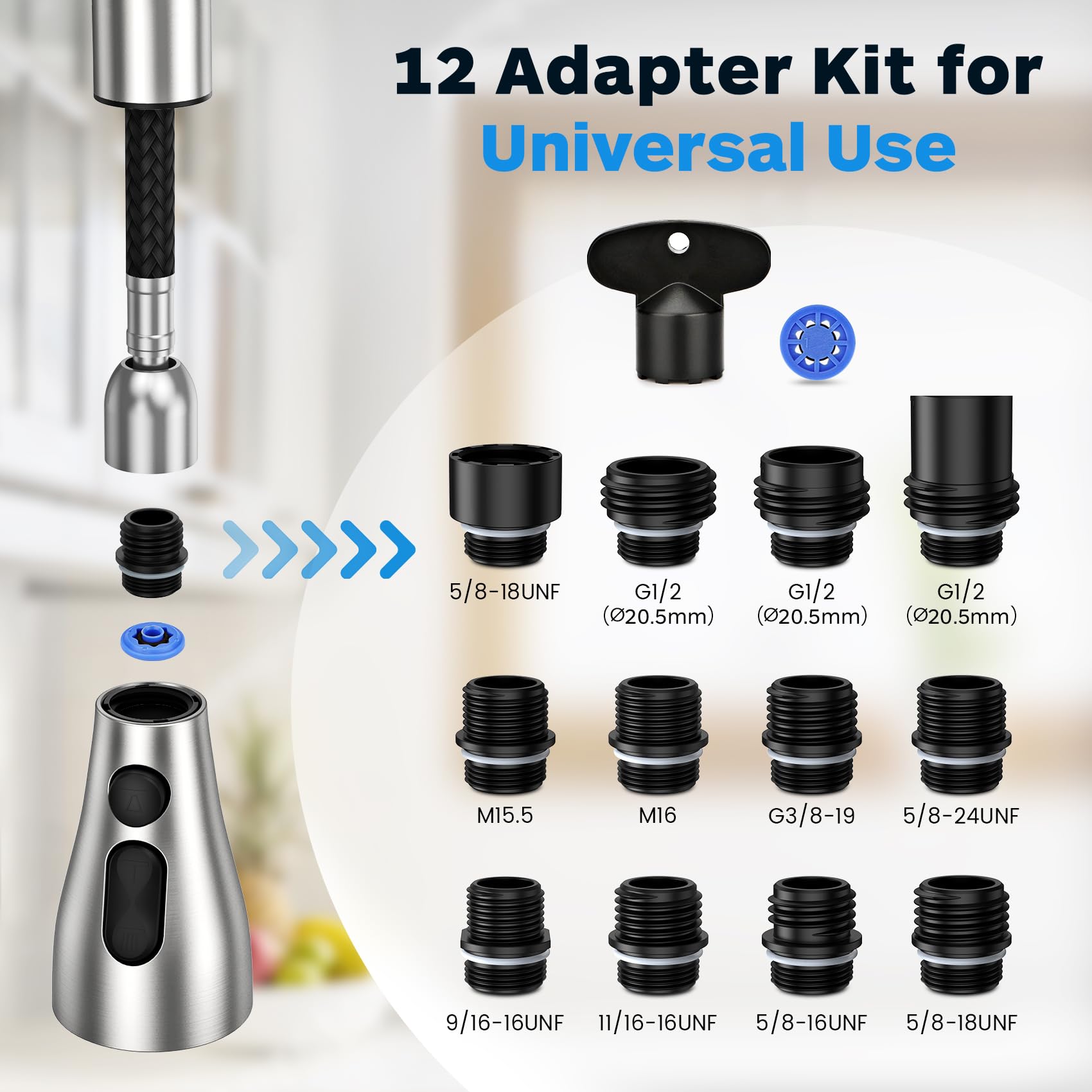 Kitchen Faucet Head Replacement 3 Modes with 12 Adapters, Pull Down Spray Head for Kitchen Faucet, Kitchen Sink Faucet Head G 1/2, Sprayer Head Replacement, Compatible with Moen，Delta, Kohler Faucets