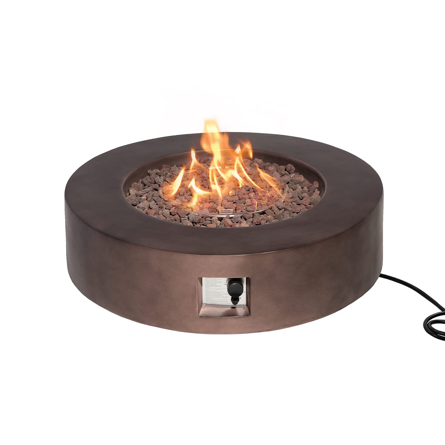 SUNBURY Outdoor 42-Inch Propane Fire Pit, Circular Dark Brown Concrete Patio Fire Table 50,000 BTU w Waterproof Cover, Lava Rocks