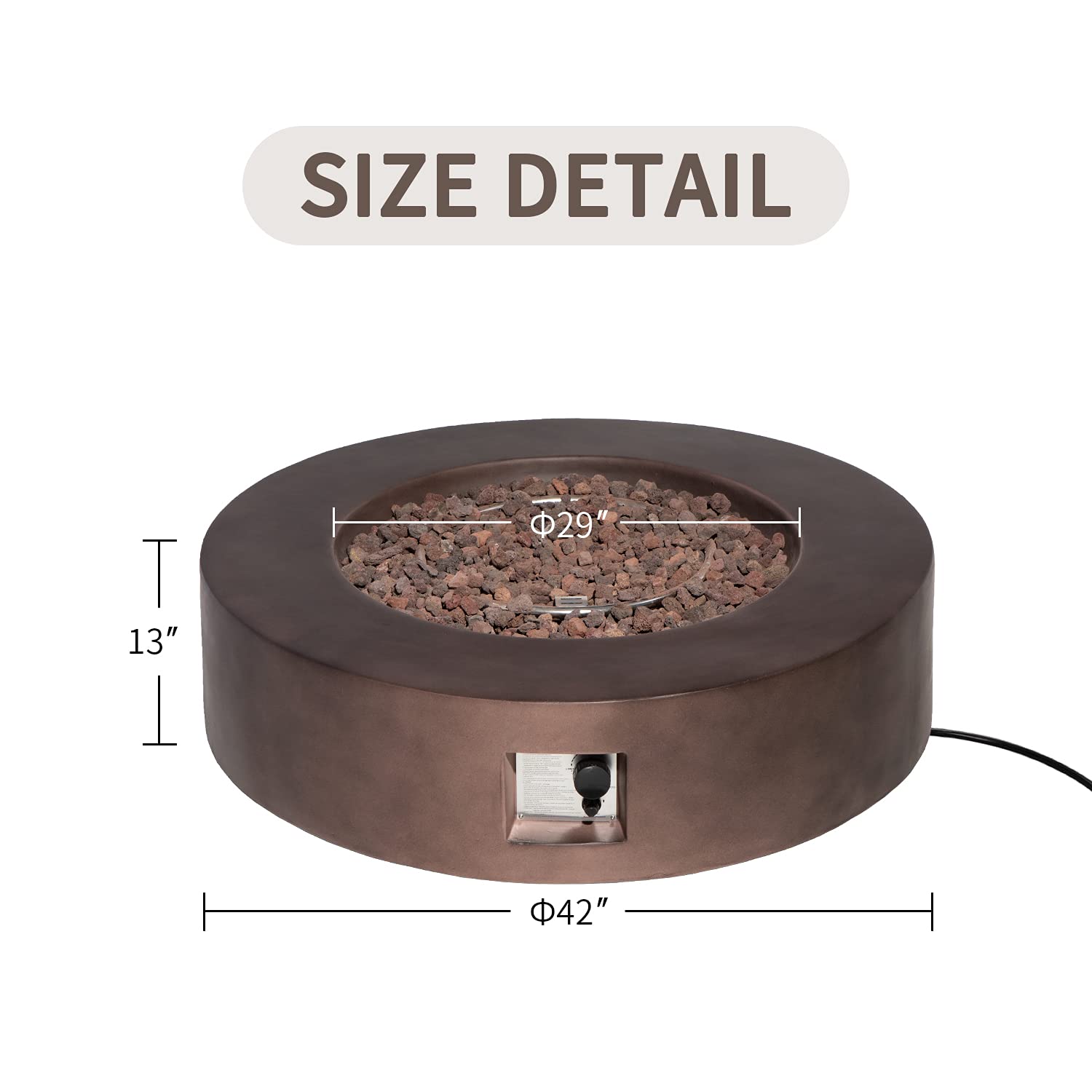 SUNBURY Outdoor 42-Inch Propane Fire Pit, Circular Dark Brown Concrete Patio Fire Table 50,000 BTU w Waterproof Cover, Lava Rocks