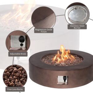 SUNBURY Outdoor 42-Inch Propane Fire Pit, Circular Dark Brown Concrete Patio Fire Table 50,000 BTU w Waterproof Cover, Lava Rocks