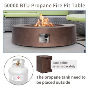 SUNBURY Outdoor 42-Inch Propane Fire Pit, Circular Dark Brown Concrete Patio Fire Table 50,000 BTU w Waterproof Cover, Lava Rocks