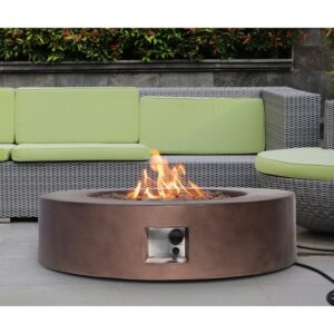 SUNBURY Outdoor 42-Inch Propane Fire Pit, Circular Dark Brown Concrete Patio Fire Table 50,000 BTU w Waterproof Cover, Lava Rocks