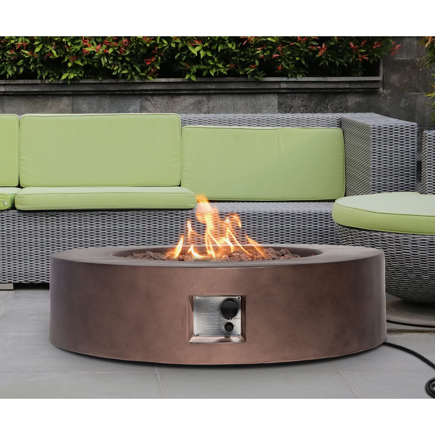 SUNBURY Outdoor 42-Inch Propane Fire Pit, Circular Dark Brown Concrete Patio Fire Table 50,000 BTU w Waterproof Cover, Lava Rocks