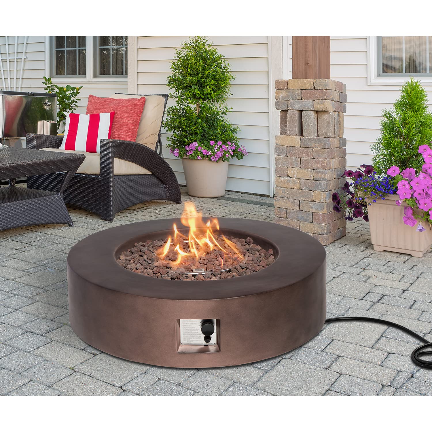 SUNBURY Outdoor 42-Inch Propane Fire Pit, Circular Dark Brown Concrete Patio Fire Table 50,000 BTU w Waterproof Cover, Lava Rocks