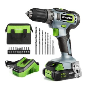 workpro 20v cordless drill driver kit, 3/8'' keyless chuck, 2.0 ah li-ion battery, 1 hour fast charger and 11-inch green storage bag included