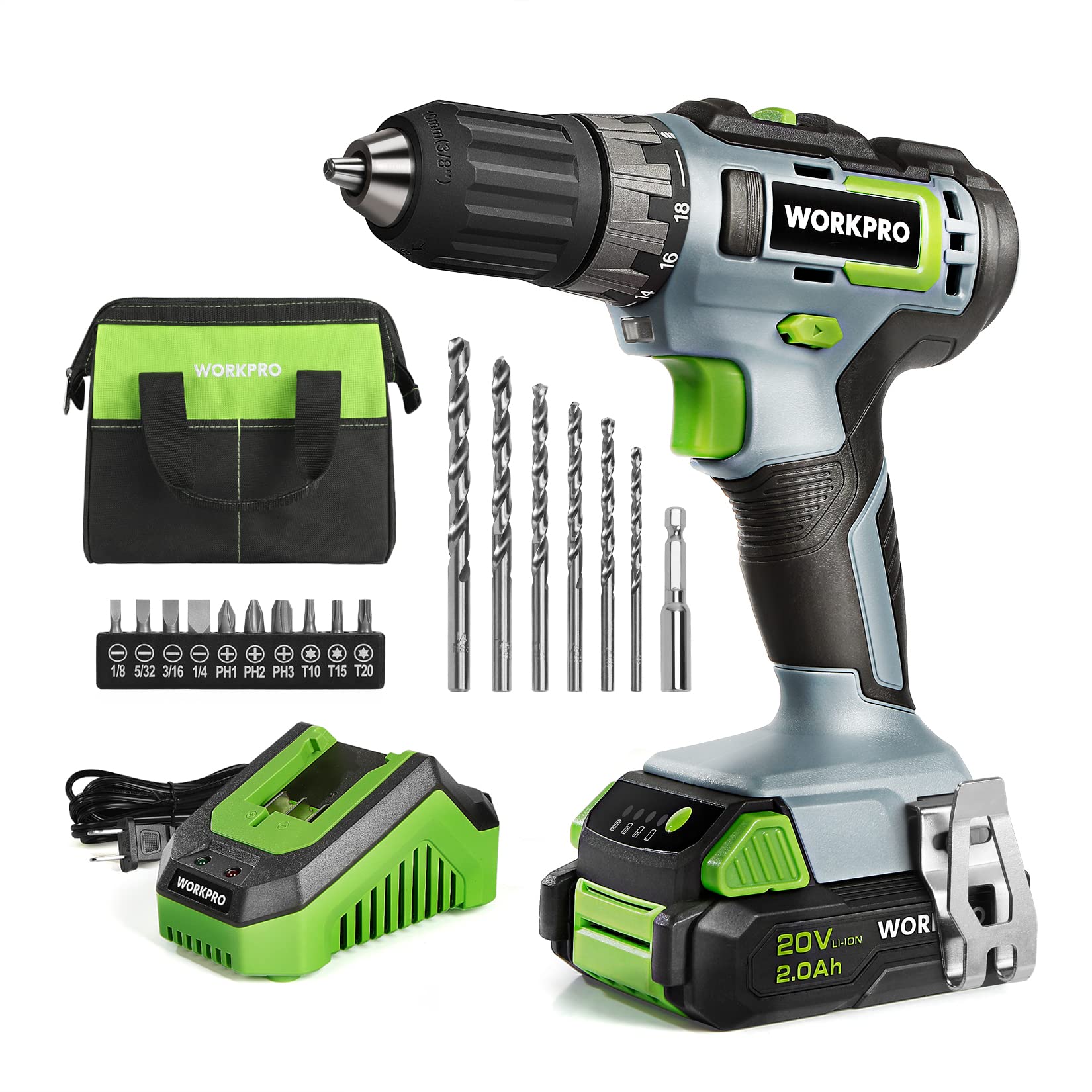 WORKPRO 20V Cordless Drill Driver Kit, 3/8'' Keyless Chuck, 2.0 Ah Li-ion Battery, 1 Hour Fast Charger and 11-inch Green Storage Bag Included