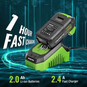WORKPRO 20V Cordless Drill Driver Kit, 3/8'' Keyless Chuck, 2.0 Ah Li-ion Battery, 1 Hour Fast Charger and 11-inch Green Storage Bag Included