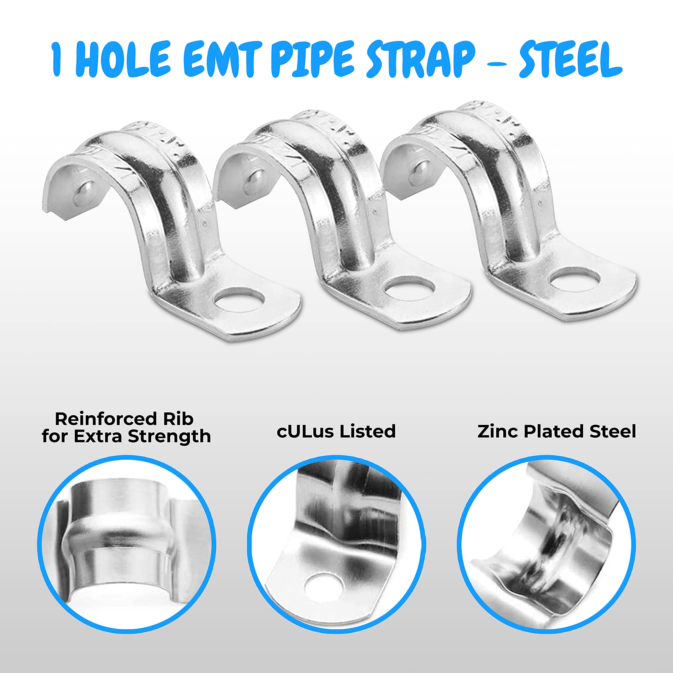 OhLectric 1 Hole 1/2 Inch Pipe Strap - Reinforced Rib For Extra Strength - Zinc-Plated Steel Pipe Strap Clamp For EMT Conduit - Snap-On Installation - Pack Of 100; OL-43022