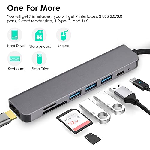 WskLinft 7-in-1 4K HDMI-Compatible Multiport USB 3.0 to USB-C Docking Station Hub Adapter for PC Computer Laptop Multi-Interface Docking Station Grey