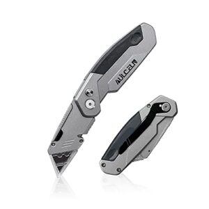 folding utility knife, heavy duty box cutter retractable, ergonomic aluminum body with belt clip, safety lock design, perfect for office, arts crafts and home use (screw bits inside)