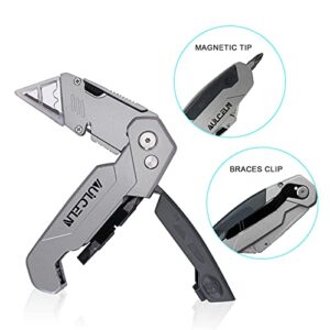 Folding Utility Knife, Heavy Duty Box Cutter Retractable, Ergonomic Aluminum Body with Belt Clip, Safety Lock Design, Perfect for Office, Arts Crafts and Home use (Screw Bits Inside)