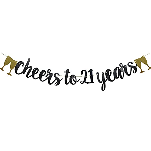 Cheers To 21 Years Banner,Pre-Strung, Black Paper Glitter Party Decorations For 21ST Wedding Anniversary 21 Years Old 21ST Birthday Party Supplies Letters Black Betteryanzi