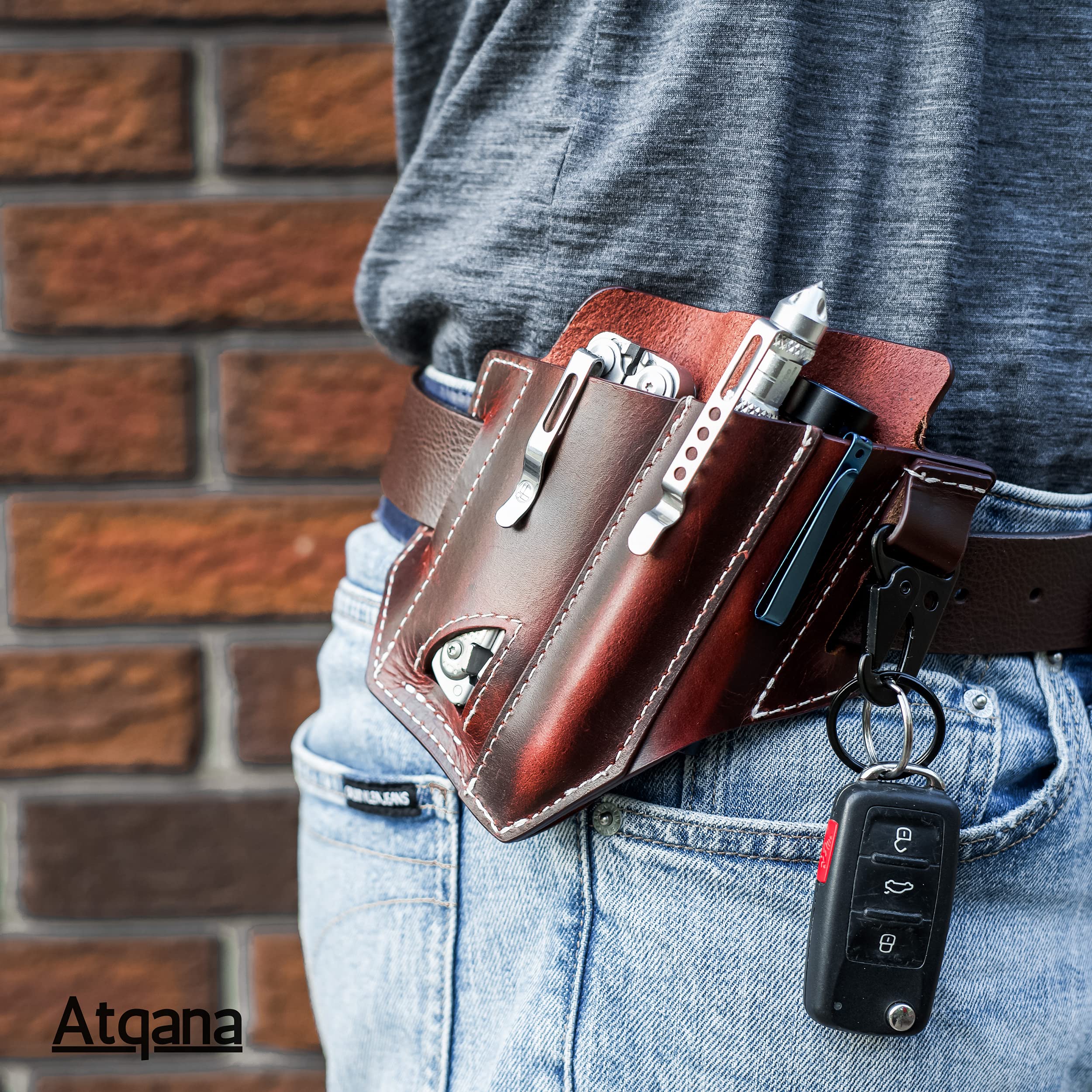 Atqana Multitool Sheath for Belt (Premium Leather) - EDC Pocket Organizer | Leatherman Holster | Handmade Leather Multitool Pouch with Pen Holder, Flashlight Sheath and Key Fob Clip (Extra Dark Brown)