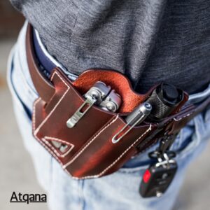 Atqana Multitool Sheath for Belt (Premium Leather) - EDC Pocket Organizer | Leatherman Holster | Handmade Leather Multitool Pouch with Pen Holder, Flashlight Sheath and Key Fob Clip (Extra Dark Brown)