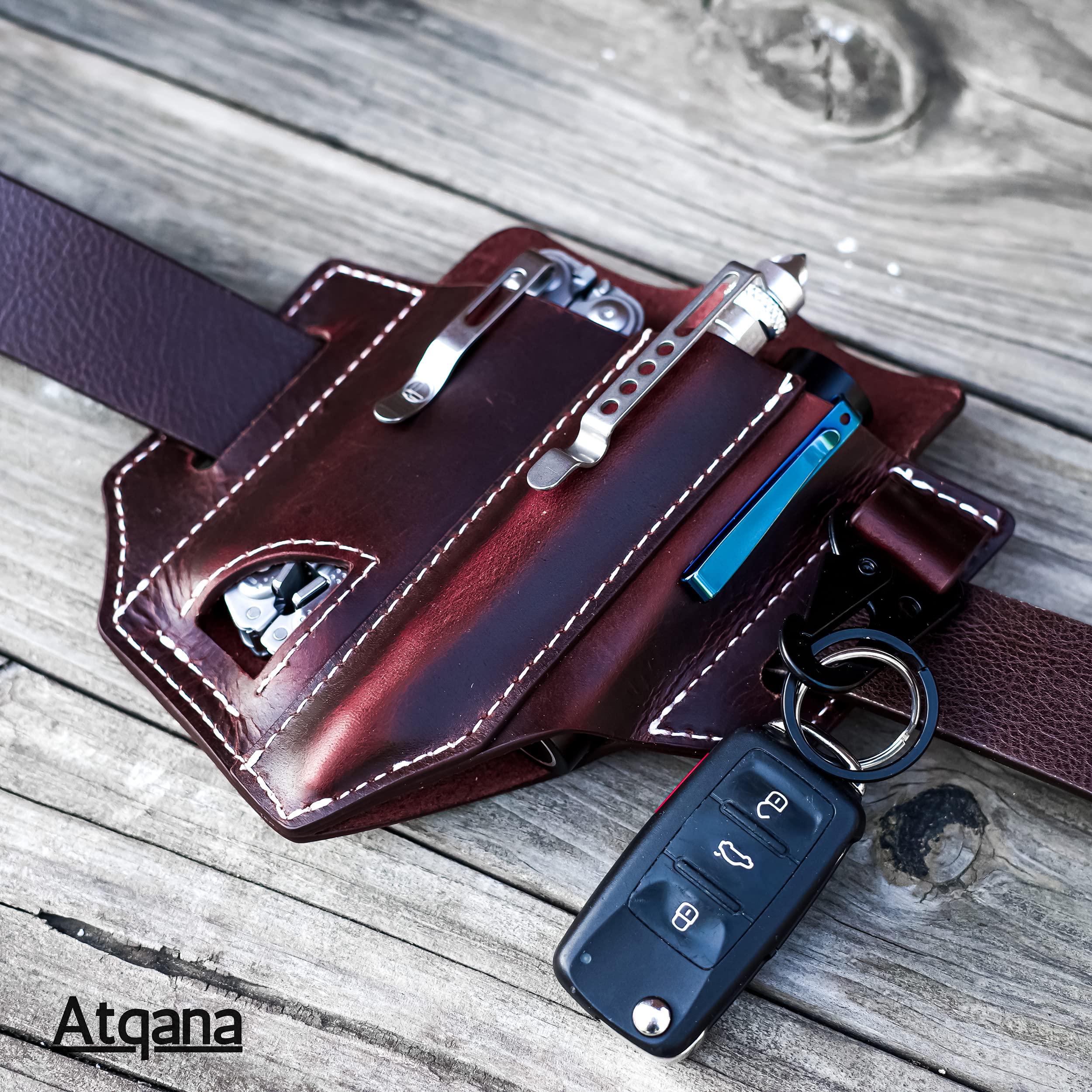 Atqana Multitool Sheath for Belt (Premium Leather) - EDC Pocket Organizer | Leatherman Holster | Handmade Leather Multitool Pouch with Pen Holder, Flashlight Sheath and Key Fob Clip (Extra Dark Brown)