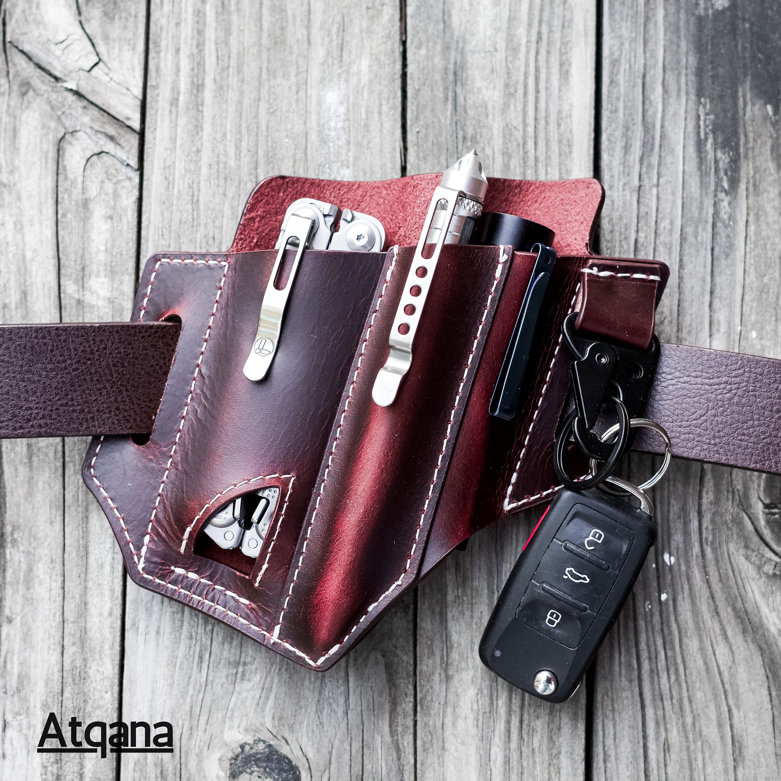 Atqana Multitool Sheath for Belt (Premium Leather) - EDC Pocket Organizer | Leatherman Holster | Handmade Leather Multitool Pouch with Pen Holder, Flashlight Sheath and Key Fob Clip (Extra Dark Brown)