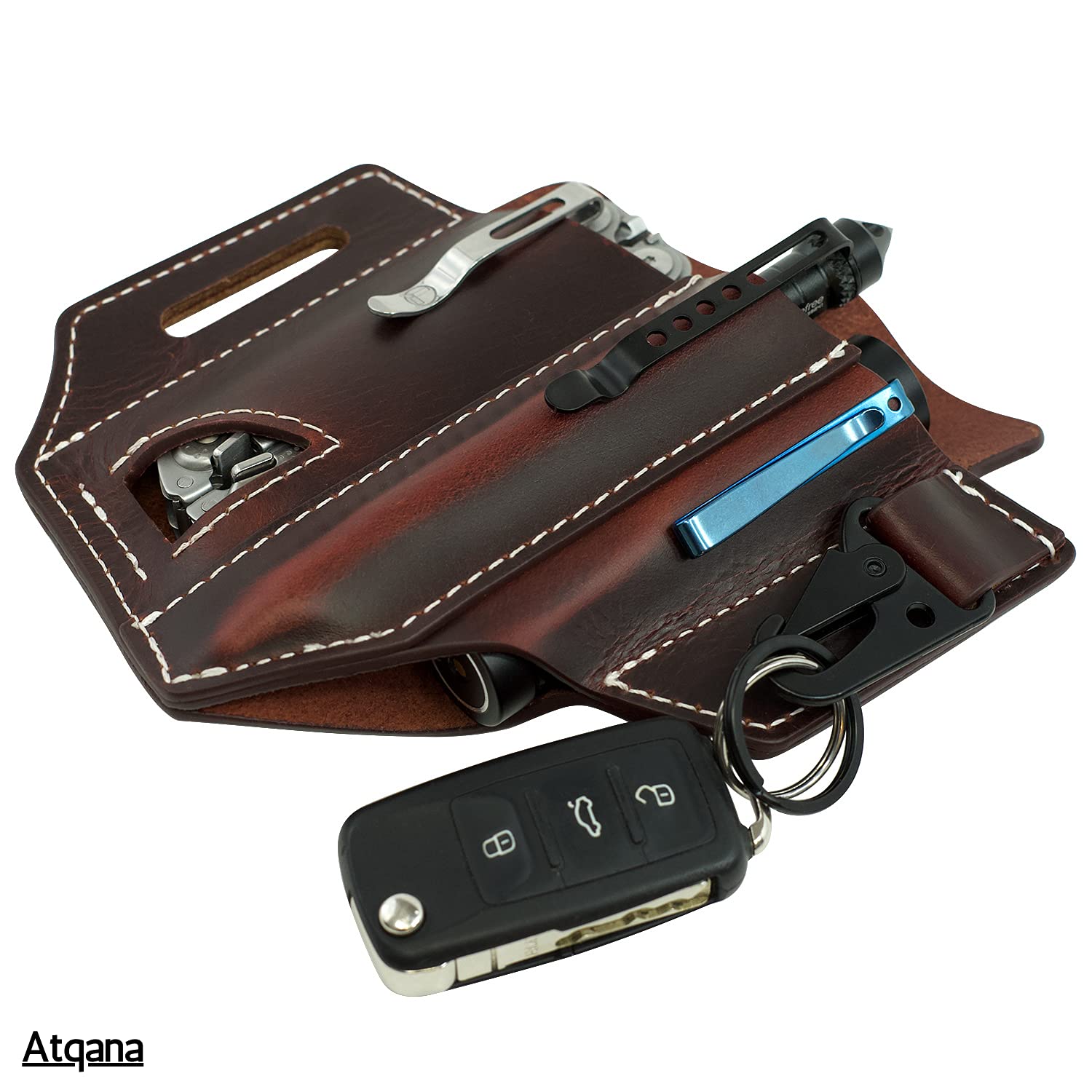 Atqana Multitool Sheath for Belt (Premium Leather) - EDC Pocket Organizer | Leatherman Holster | Handmade Leather Multitool Pouch with Pen Holder, Flashlight Sheath and Key Fob Clip (Extra Dark Brown)