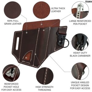 Atqana Multitool Sheath for Belt (Premium Leather) - EDC Pocket Organizer | Leatherman Holster | Handmade Leather Multitool Pouch with Pen Holder, Flashlight Sheath and Key Fob Clip (Extra Dark Brown)