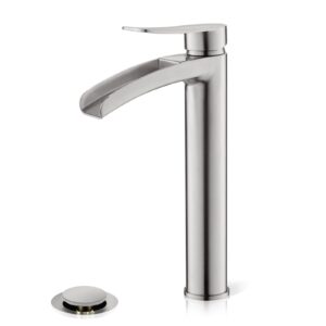 phiestina brushed nickel tall bathroom vessel sink faucet, single hole single handle waterfall modern bathroom faucet, with pop up drain and water supply line, ns-sf01-bn-v