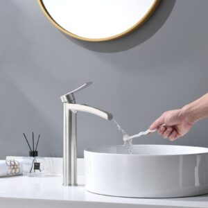 Phiestina Brushed Nickel Tall Bathroom Vessel Sink Faucet, Single Hole Single Handle Waterfall Modern Bathroom Faucet, with Pop Up Drain and Water Supply Line, NS-SF01-BN-V