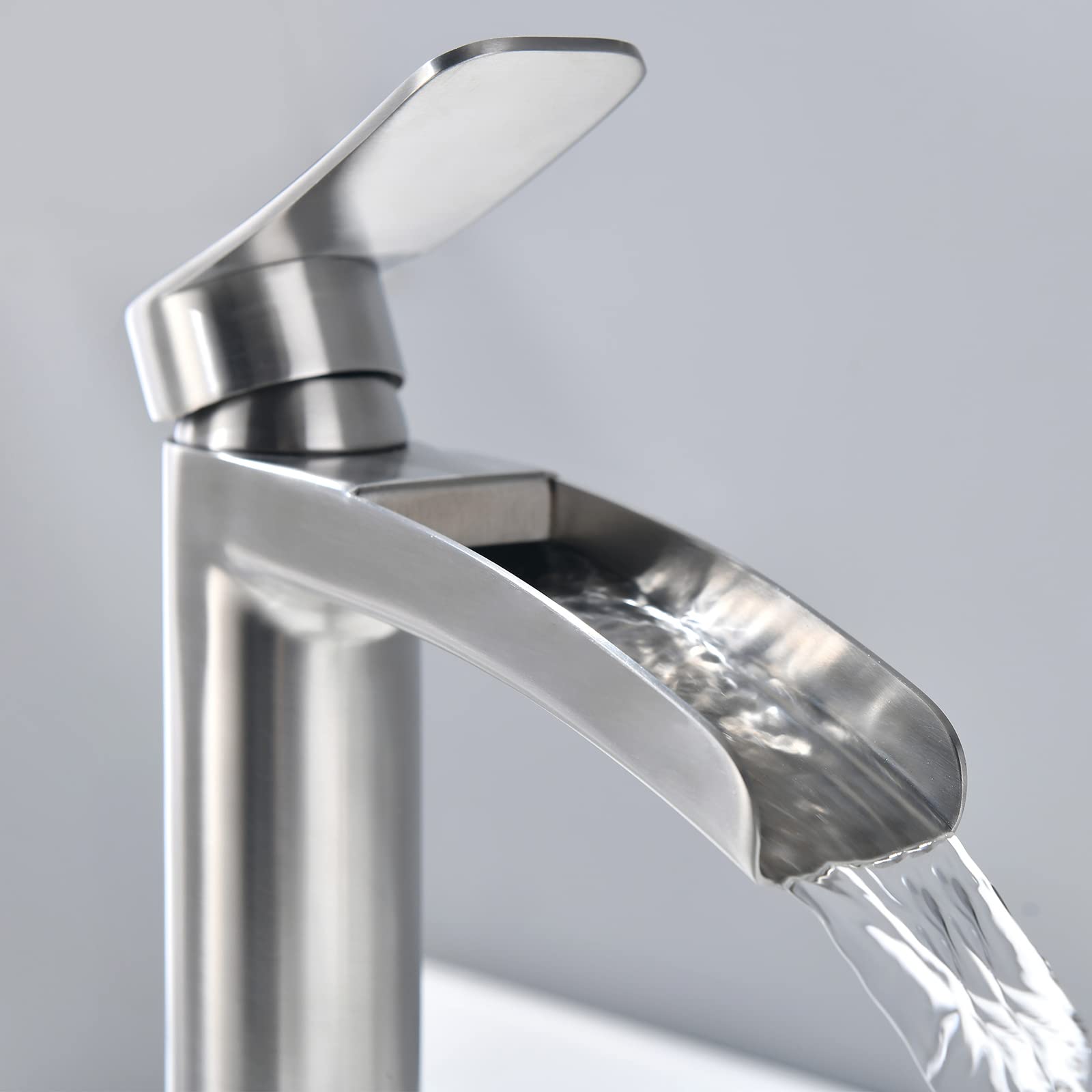 Phiestina Brushed Nickel Tall Bathroom Vessel Sink Faucet, Single Hole Single Handle Waterfall Modern Bathroom Faucet, with Pop Up Drain and Water Supply Line, NS-SF01-BN-V